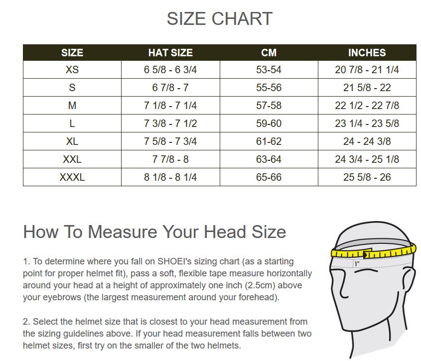 Shoei Motorcycle Helmet Size Chart